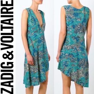 Zadig & Voltaire Root Asymmetrical Sleeveless Green and Blue Print Dress Size XS